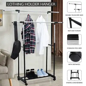 

Stainless Steel Coat Rack Landing Clothing Holder Hanger Floor Standing Storage Shelf Telescopic Adjustable Moving Clothes Rack