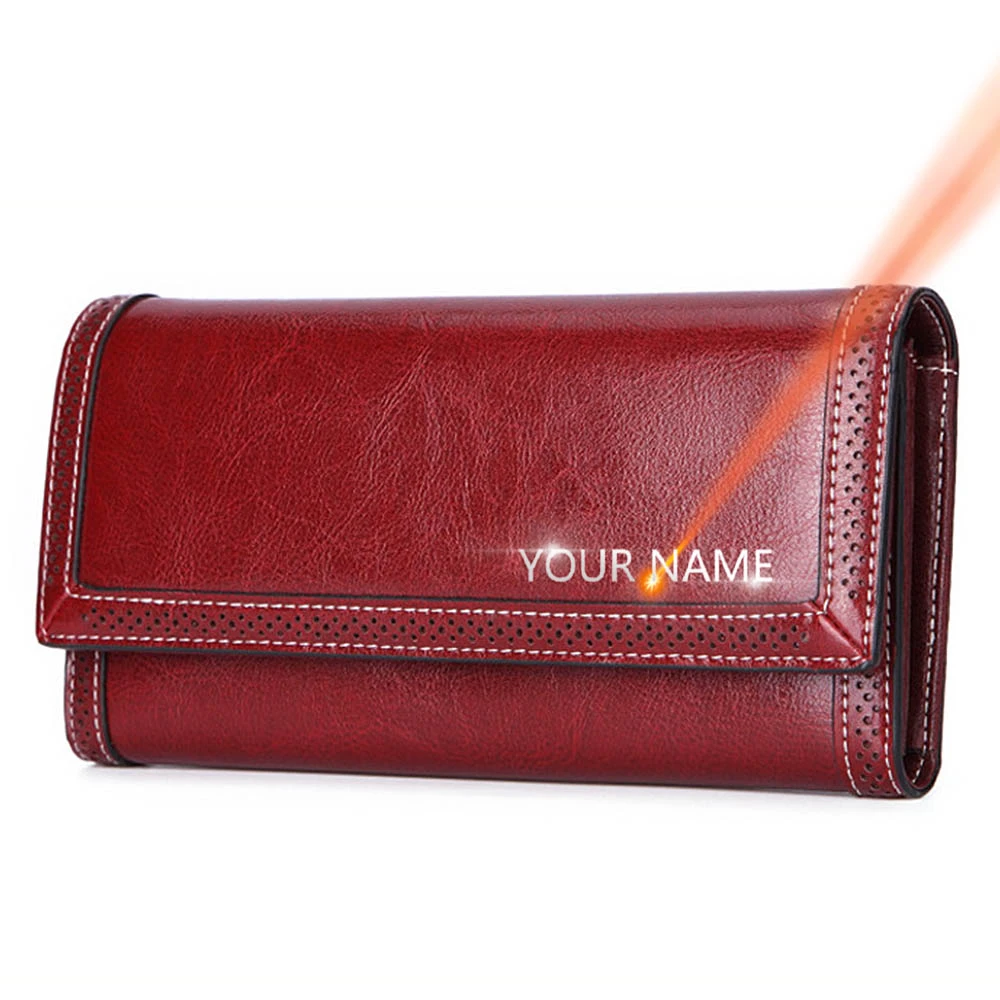 2022 Leather Women Wallets Name Engraving Genuine Leather Female Wallets Classic High Quality Fashion Photo Holder Women Purse