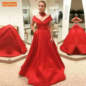 

Elegant Red V Neck Evening Dresses Off Shoulder Satin Pleat A Line Formal Dress Long 2020 Floor Length Sexy Women Evening Gowns