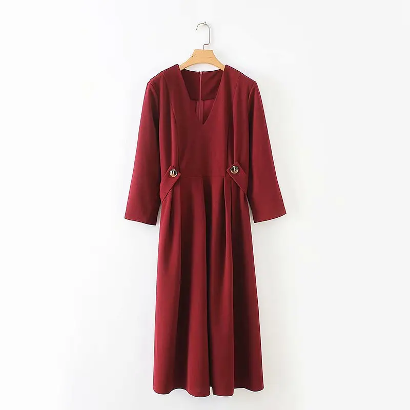 

2018 Western Style Autumn And Winter WOMEN'S Dress New Style Button Ornaments Flowing Long-sleeved Dress