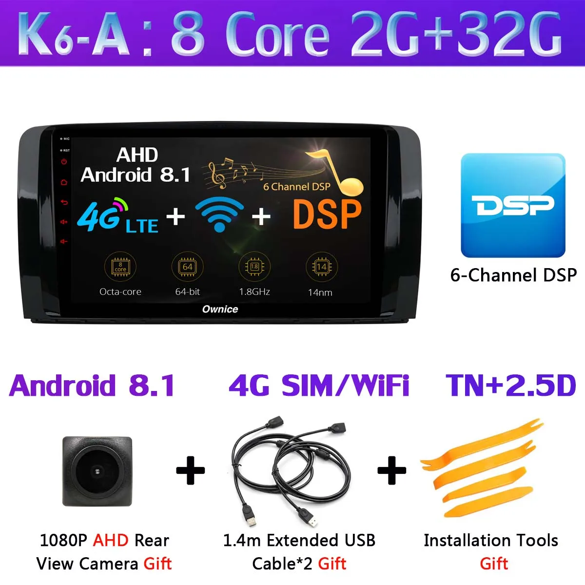 1Din 360 ° камера 4G LTE WiFi Android 9,0 4G+ 64G SPDIF DSP CarPlay автомобильный мультимедийный плеер для Mercedes Benz R Class W251 gps радио - Цвет: K6-A