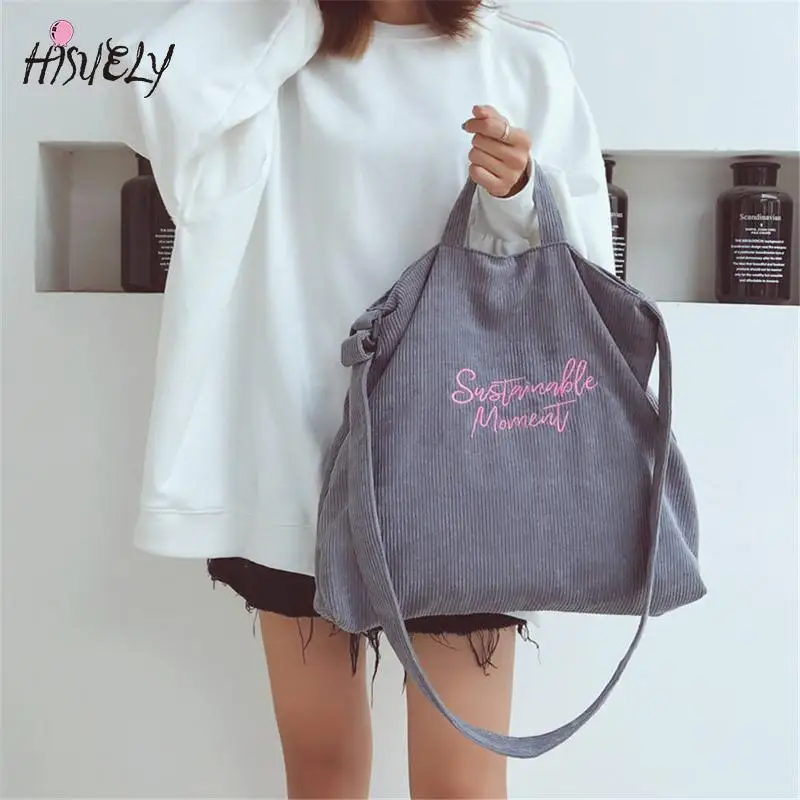 

HISUELY Korean Women Corduroy Canvas Shoulder Bag Ladies Casual Tote Shopping Bag Hand Bags For Female Messenger Fashion Handbag