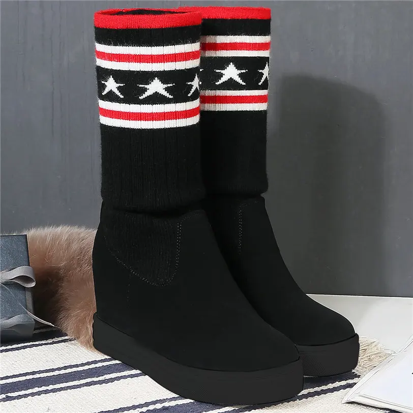 Creepers Women Faux Suede Wedges High Heel Over The Knee High Boots Knitting Stretch Thigh High Pumps Platform Oxfords Trainers