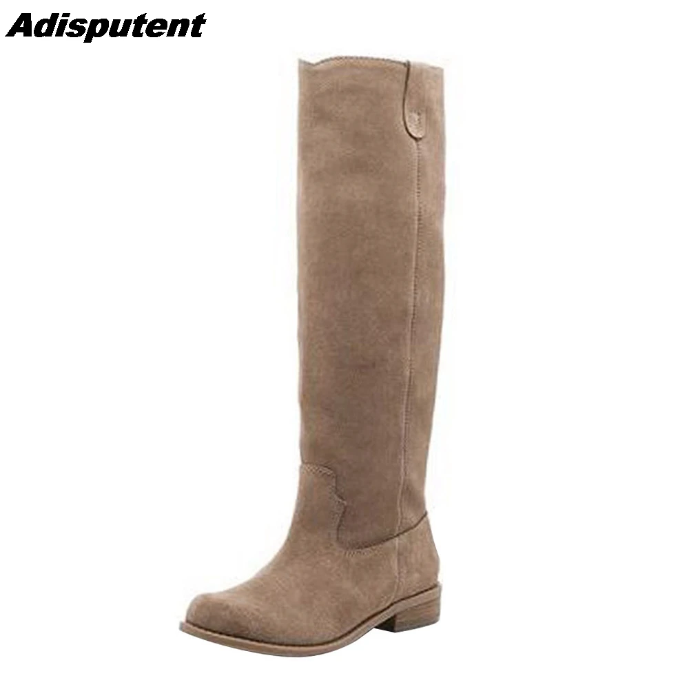 beige Adisputent/; сапоги на плоской подошве до колен; botas; женские матовые сапоги из искусственной кожи и замши; слипоны; Zapatos De Mujer; однотонная зимняя обувь - Цвет: beige