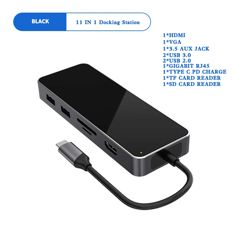 11 IN 1 Black 10/11 в 1 USB C концентратор для MacBook Pro док-станция type C до 4K HDMI 1000M RJ45 VGA 3,5 AUX USB 3,0 2,0 PD зарядка USB C док-станция type C концентратор - Цвет: 11 IN 1 Black