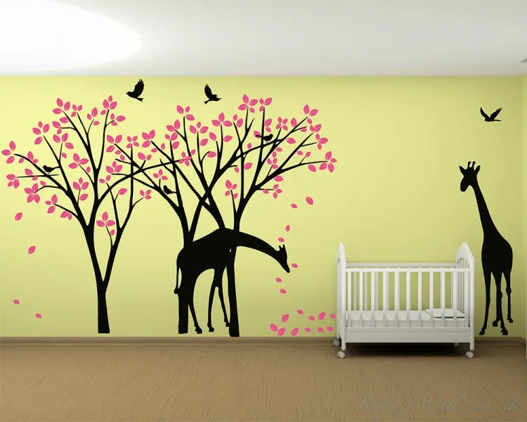 

Animal Home Decor，Cherry Blossom Tree with Giraffe Decal, Birds and Butterlfies ,,Vinyl Waterproof Wall Sticker WL1296