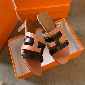 

Open Toe Mid-heel Ladies Sandals Genuine Leather Woven Women Shoes 2020 Summer Luxury Designer Brand Woman Slippers Flip Flops