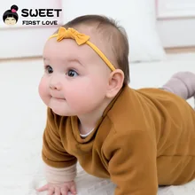 Лидер продаж в Европе и Америке, новые стильные однотонные аксессуары для волос, цветная нейлоновая повязка на голову с бантом для младенцев, Детская повязка на голову