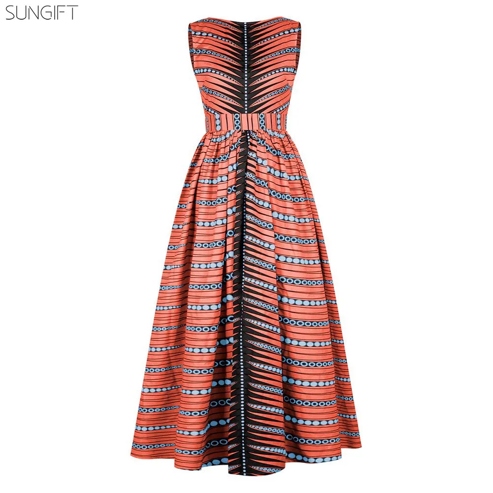 SUNGIFT Dashiki вечерние платья с круглым вырезом без рукавов сексуальное платье с открытой спиной и принтом африканская Роба длинное платье вечернее платье Vestidos