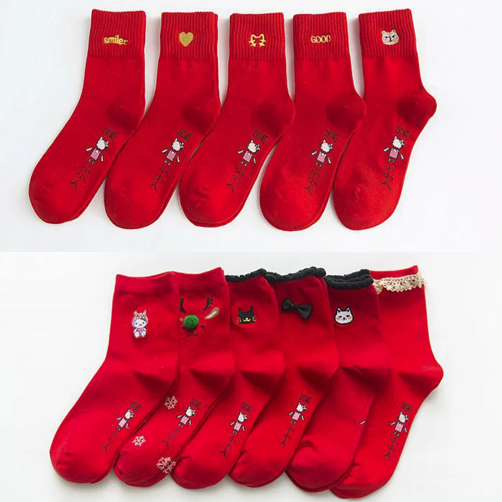Зимние женские теплые красные хлопковые носки Рождественский подарок модные medias de mujer носки для женщин