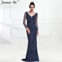 Дубай Robe De Soiree Роскошные вечерние платья с длинным рукавом настоящая фотография Кристалл Блестки темно-синий Русалка Вечерние платья BLA6010