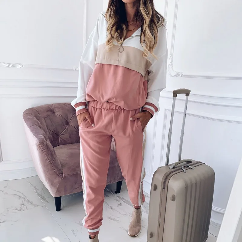Розовый Casual Women Running Sets Hoodies Patchwork Sportswear Set Female 2 Pieces Set Long Sleeve Sweatshirt Pant Autumn Suit Tracksuit - Цвет: Розовый