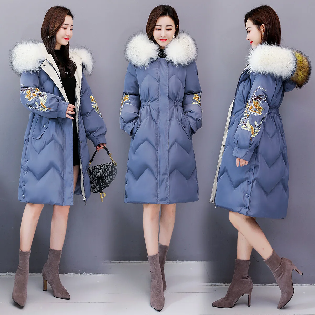 

Clip Color Large Fur Collar Autumn And Winter WOMEN'S Dress Korean-style Trend of Fashion Embroidered Mid-length Cotton Coat Wai
