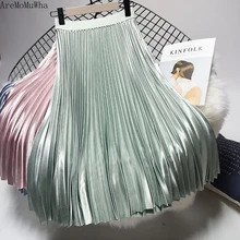 AreMoMuWha атласная металлическая Женская плиссированная юбка Осенняя новая длинная юбка с завышенной талией шикарная Фея половина Женская юбка юбки MH493