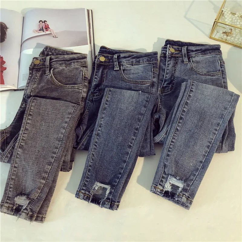 

G1182 2019 spring autumn new women fashion big size loose chic elastic high waist broken hole nine points jeans cheap wholesale