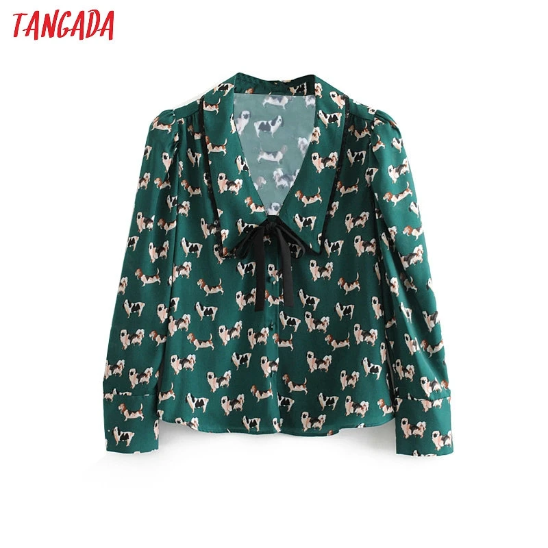 

Tangada women green dog print blouse puff long sleeve bow tie chic female vintage shirt blusas femininas 3H197