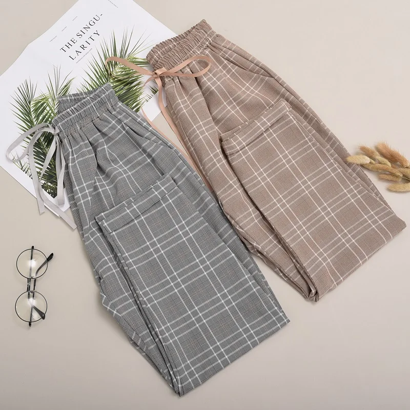 

4xl good quality plus big size panty women spring winter autumn 2020 high waist plaid elastic waist thin pants female K0200