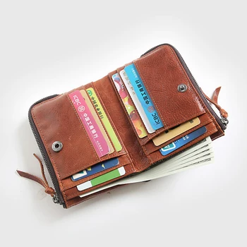 

YIFANGZHE Retro Short leather Wallet , Genuine Leather Purse Wallet with Wax Finish for Men&Women, Quality Zipper Style