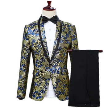 

Luxury Floral Print Slim Fit Blazer With Pants Men Dancer Performance Festival Prom Retro Suit Jacket 2 Pieces Set DJ Suit 2020