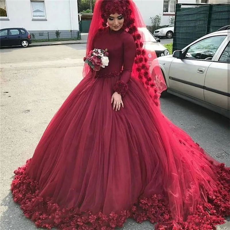 

High Neck Long Sleeves Ball Gown Wedding Dresses With 3D Flowers Adorned Custom Made Bridal Gowns Muslim Turkey Handmade Flowers