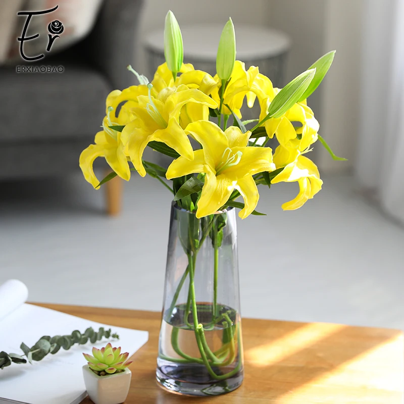 

Erxiaobao 87 cm High Quality PU Real Touch Pink White Yellow Fake Lily Artificial Flowers for Wedding Home Living Room Decor