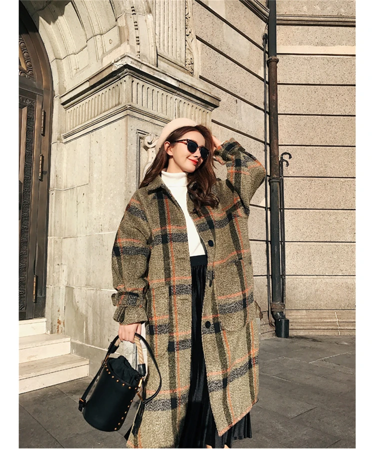 Новое Женское теплое зимнее кашемировое пальто, женское офисное элегантное винтажное клетчатое длинное шерстяное пальто