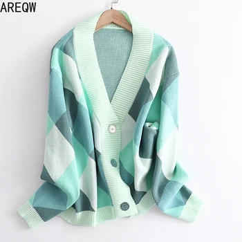 

2020 New Fashion V Neck Knit Female Cardigan Argyle Decoration Single-Breasted Women's Sweater Autumn Loose Knit Cardigan Jacket