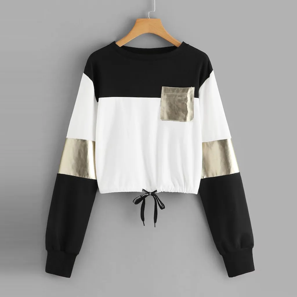 JAYCOSIN Fashion Women Casual O-Neck Sweatshirt Long Sleeve Bandage Patchwork Pocket Unique Elegant Comfortable Soft Chic Blouse