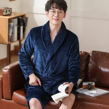

2020 Men Casual Kimono Bathrobe Autumn Winter Flannel Long Robe Thicken Warm Sleepwear Nightgown Male Casual Home Wear Bath Robe