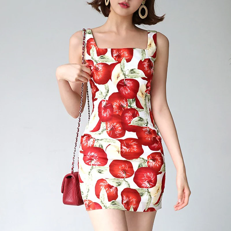 

New Arrival Red Apple Print Women Slim Bodycon Dress Square Neck Vintage Mini Dress Sweet Summer Dress Vestidos Robe Femme