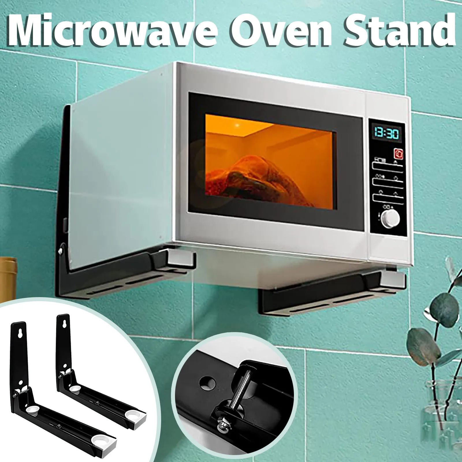 AWADUO 304 Stainless Steel Microwave Oven Rack Retrackable Foldable Microwave Oven Wall Mounted Stand Holder Rack Bracket with Two Hooks 