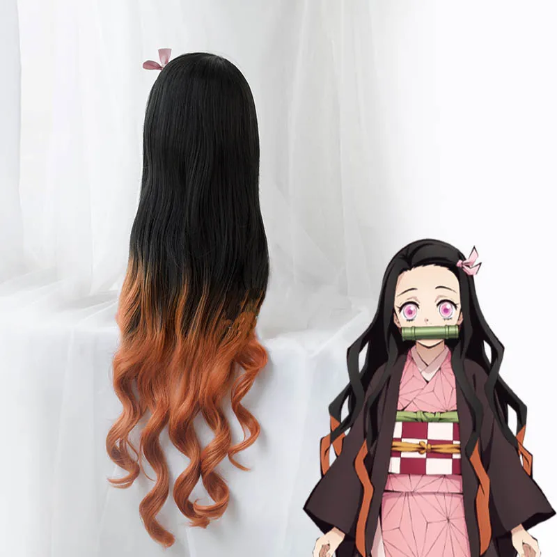 Демон убийца: Kimetsu без Yaiba Nezuko камадо Косплэй парик 100 см волнистые, устойчивые к нагреву волос парики, костюм для косплея+ парик Кепки