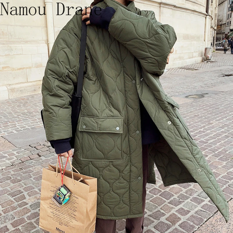 South Korea's chic autumn/winter retro li-collar diamond-print loose medium-length oversize thick cotton coat woman. | Женская