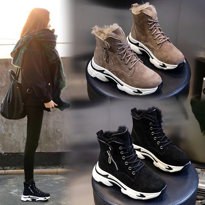 

Leather Snow Boots Woman Short Plush 2020 new Autumn Winter boots Women Round Head Casual Fashion High-Cut Lace-up Warm boots