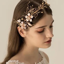 Свадебный головной убор с цветами и кристаллами, Золотая свадебная повязка на голову для невесты, жемчужные волосы, лоза, стразы, аксессуары для волос для женщин