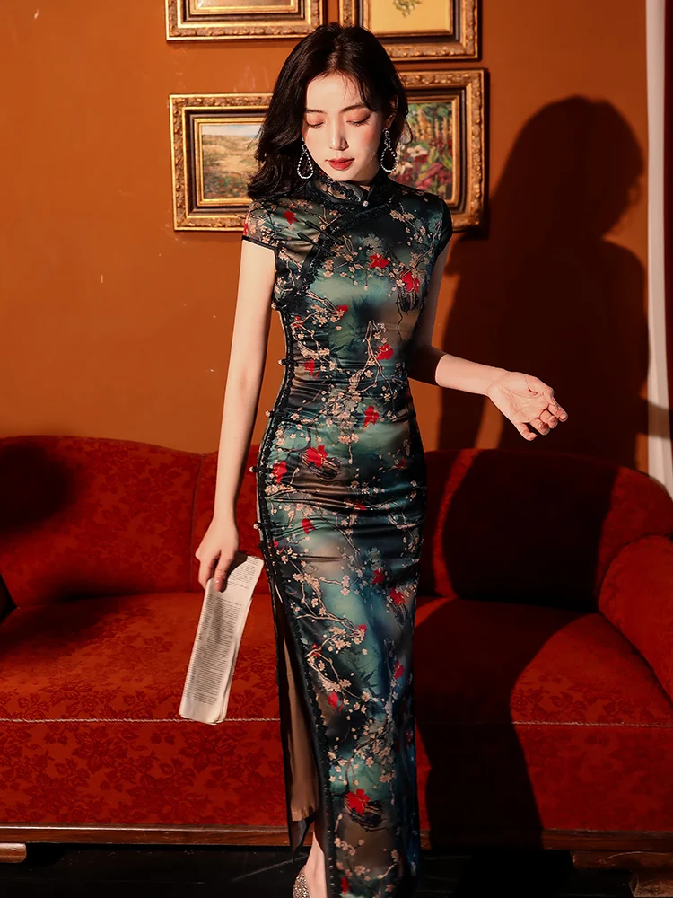 Chinese Silk Printing Qipao Plus High End 2021 Sexy Cheongsam Dresses Party Dresses China Clothes - AliExpress