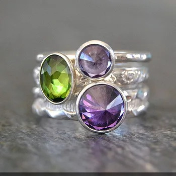 

Simple Silver Colorful Round Stone 3 Rings Set Cute Girls Cocktail Ring Size 6-10 Ladies Engagement Party Jewelry Dropship