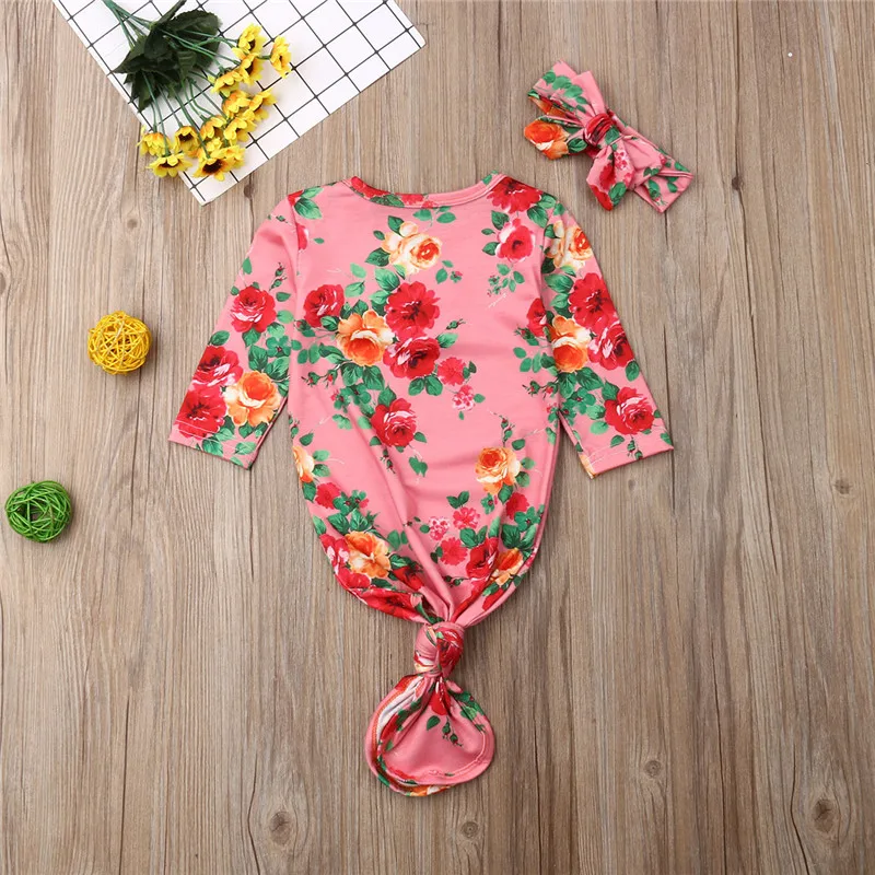 Baby Sleeping Wear Bag Newborn Swaddle Blanket Baby Boys Girls Print Sleeping Bag Wrap Headband Floral Cloth 2Pcs Set 0-6M