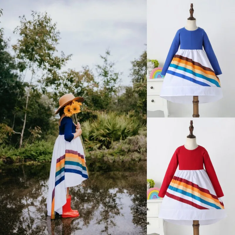 

Girls Dress Autumn Winter Long-sleeved Stitching Striped Dress Girls Print Rainbow Children Christmas Party Princess Dress 2-6Y
