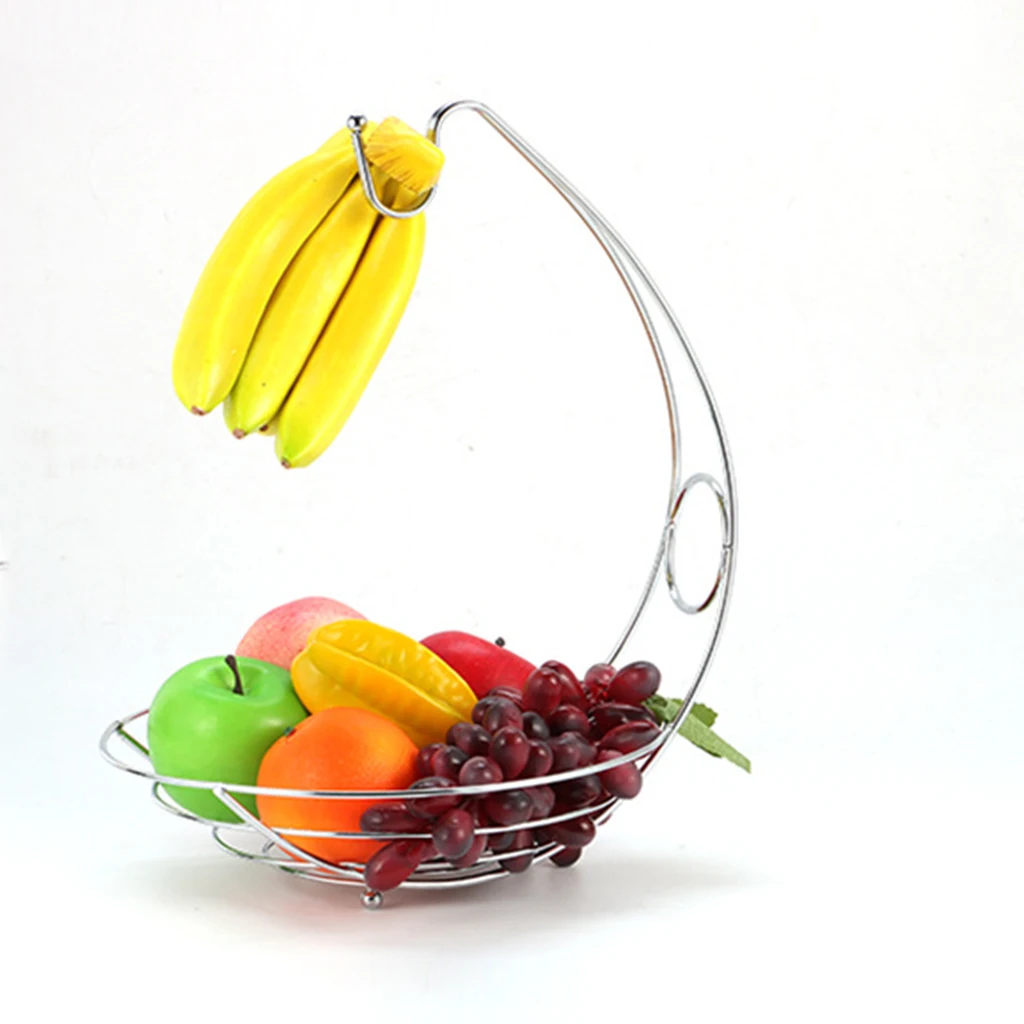 Fruit Tree Basket Bowl Stand with Banana Hanger Metal Fruits Organizer