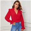 SHEIN Red Ruffle Trim Buttoned Front V Neck Blouse Top Women Spring Autumn Sheer Blouses Flounce Long Sleeve Solid Elegant Tops