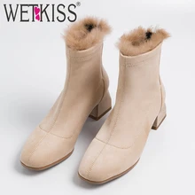 WETKISS/флоковые Ботинки женские ботильоны на высоком толстом каблуке женская теплая обувь на меху женская обувь на молнии с квадратным носком Новинка зимы года