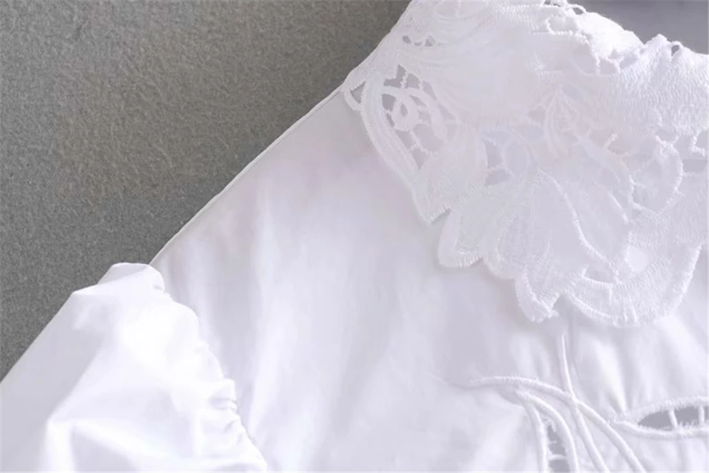 ZA Женская рубашка модная Новая Осенняя Женская ажурная рубашка из поплина с вышивкой богемная рубашка с лацканами популярная тонкая белая рубашка