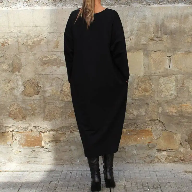 VONDA Women Autumn Dress Casual Loose Long Sleeve Mid-Calf Shirt Dress Plus Size Vestidos Swearshirts Female Pullover