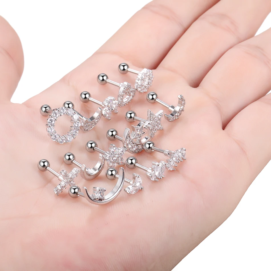 1PC 16G CZ Gem Cartilage Stud Moon Star Heart Cross Flower Crown Helix Tragus Piercings Conch Rook Stud Earring Piercing Jewelry