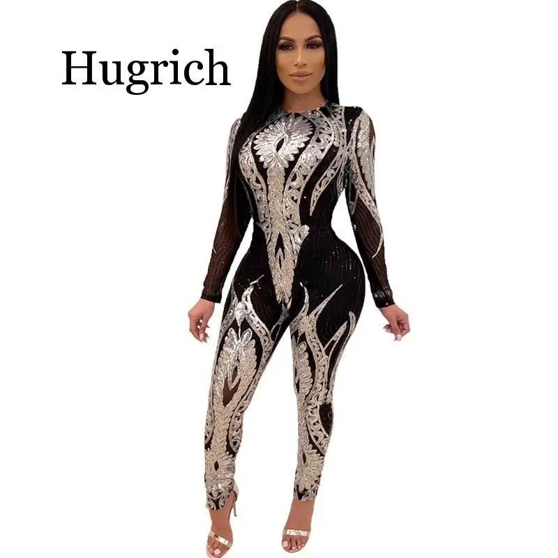 

2020 Plus Size Gold Silver Sexy Sequin Bodycon Mesh Jumpsuit Women See Through Party Club Rompers Tight Jumpsuits Long Pants