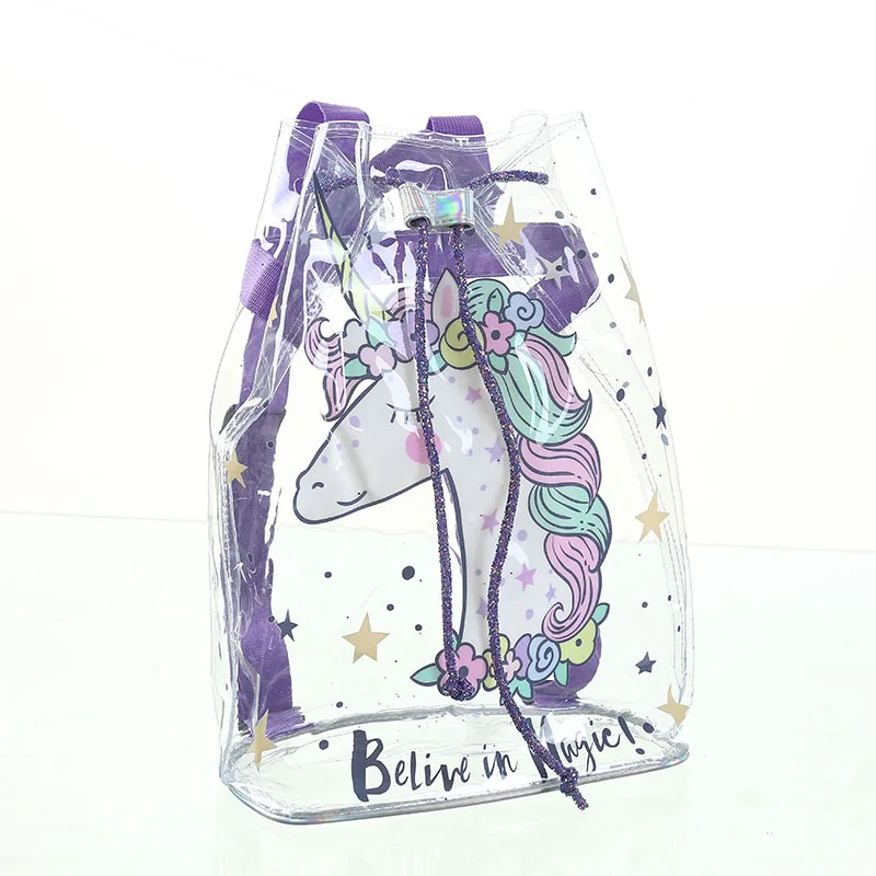 

Women PVC Unicorn School Backpack Student Stripe Zipper Transparent Waterproof Schoolbag Large Cartoon Letter Drawstring Bag