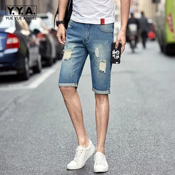 

2020 New Summer Mens Denim Shorts Hole Ripped Cowboy Streetwear Big Boy Knee Length Slim Fit Short Jeans Size 28-36 Casual Pants