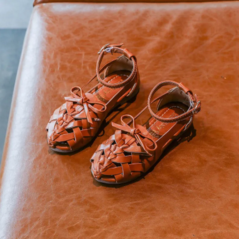 ULKNN Kids Girls Sandals Summer Shoes Children Fashion Girls Woven Sandals Casual Sneakers With Bow Flat Heel Girls Beach Shoes