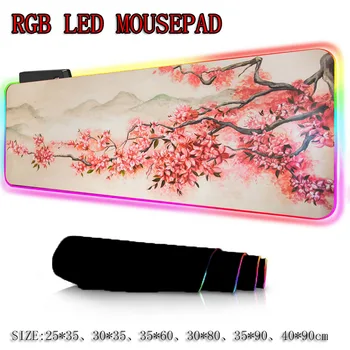 

Spring Pink Cherry Blossoms Gaming RGB LED Glowing Colorful USB Port Large Gamer Mousepad Desk Mice Mat 14 Colors for PC Laptop